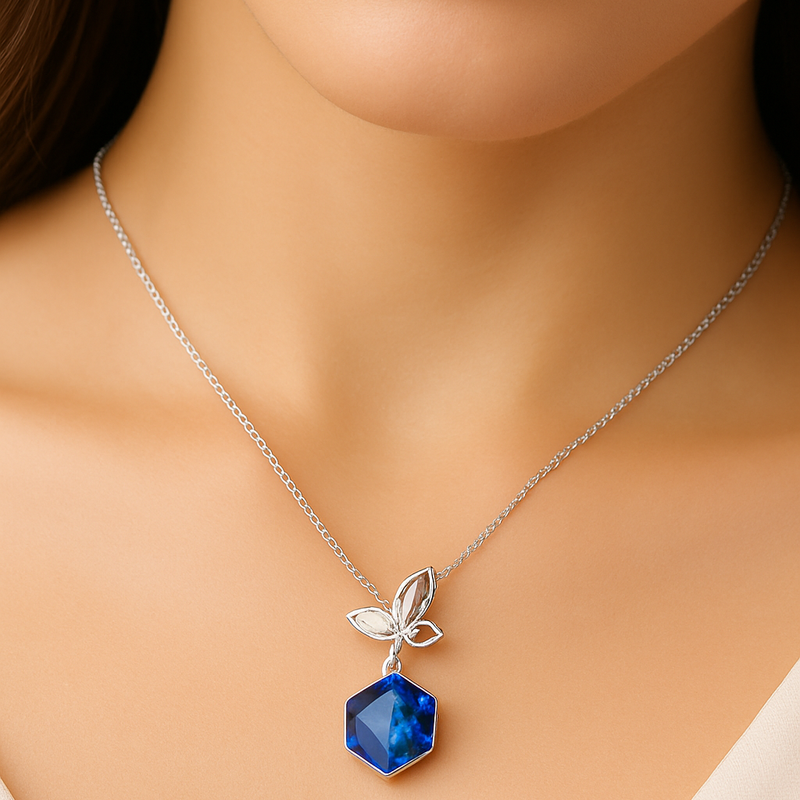 Silver Butterfly Blue crystal Chain Pendant
