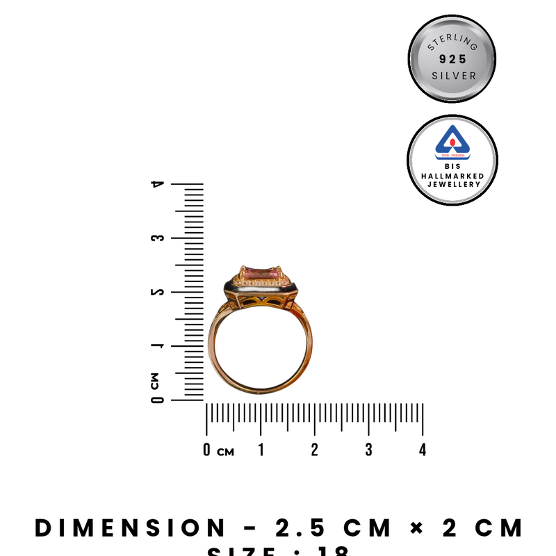 92.5 Rose Gold Art Deco Emerald-Cut Pink Stone & Black Enamel Ring