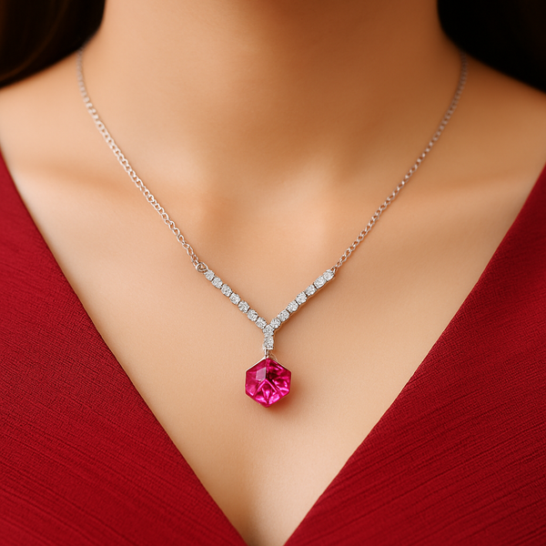 Silver V-Shape CZ Pendant with Red Crystal Minimal Neck