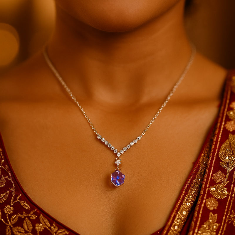 Silver V-Shape CZ Pendant with White Blue Crystal  Minimal Neck