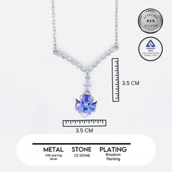 Silver V-Shape CZ Pendant with White Blue Crystal  Minimal Neck