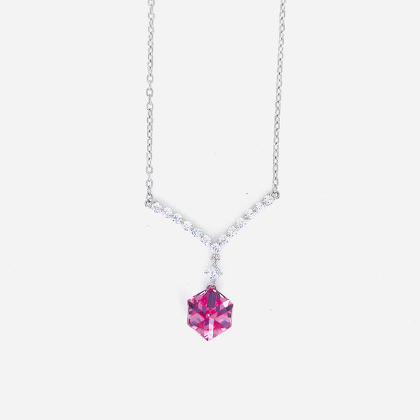 Silver V-Shape CZ Pendant with Red Crystal Minimal Neck