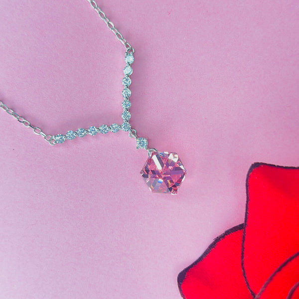 Silver V-Shape CZ Pendant with Red Crystal Minimal Neck