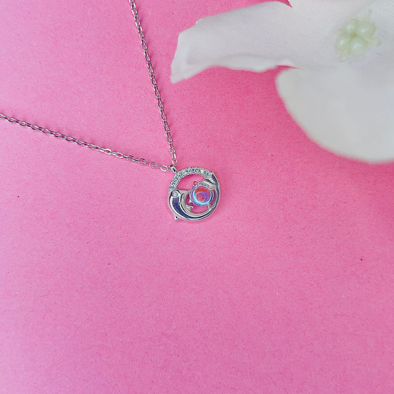 Silver Dolphin & Water Drop Pendant Necklace Chain Pendant