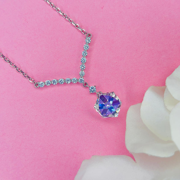 Silver V-Shape CZ Pendant with White Blue Crystal  Minimal Neck