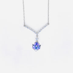 Silver V-Shape CZ Pendant with White Blue Crystal  Minimal Neck