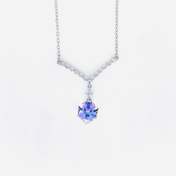 Silver V-Shape CZ Pendant with White Blue Crystal  Minimal Neck