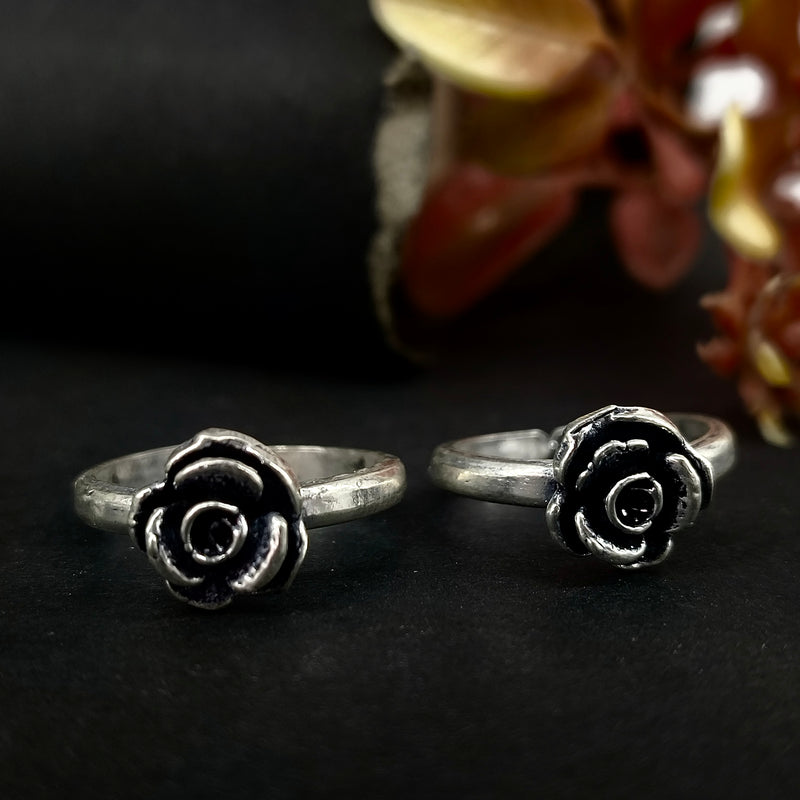 92.5 Sterling Silver Vintage Rose Bloom Toe Rings (Pair)