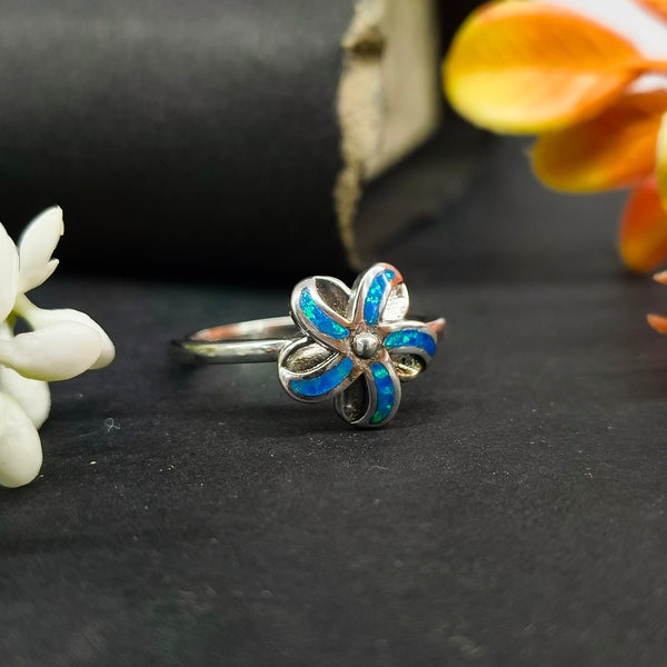 92.5 Sterling Silver Blue Opal Inlay Flower Ring