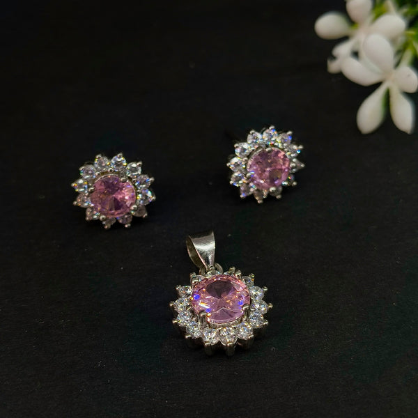 92.5 Sterling Silver Radiant Pink Zirconia Halo Jewelry Set