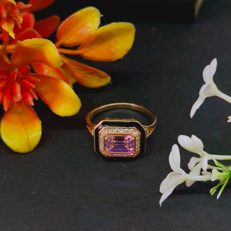 92.5 Rose Gold Art Deco Emerald-Cut Pink Stone & Black Enamel Ring