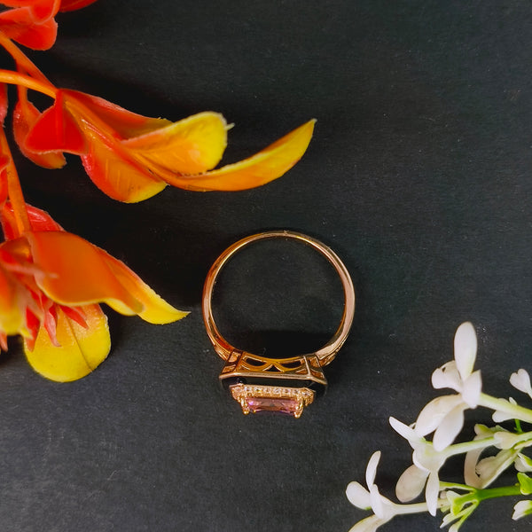 92.5 Rose Gold Art Deco Emerald-Cut Pink Stone & Black Enamel Ring