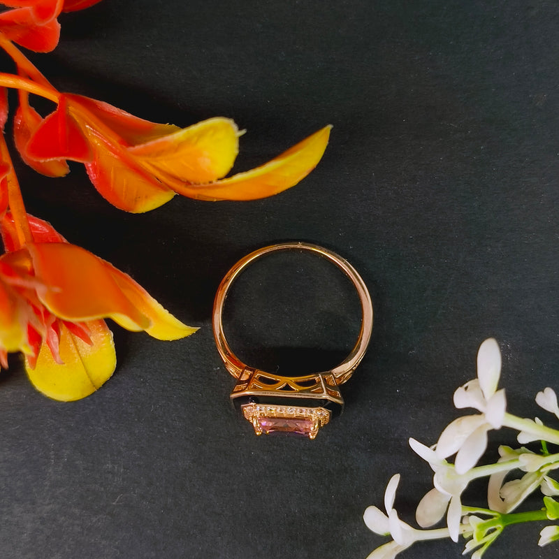 92.5 Rose Gold Art Deco Emerald-Cut Pink Stone & Black Enamel Ring