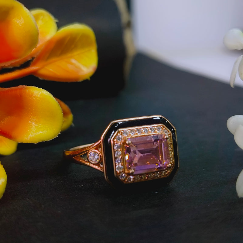 92.5 Rose Gold Art Deco Emerald-Cut Pink Stone & Black Enamel Ring