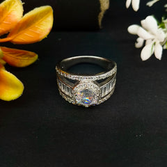 92.5 Sterling Silver Radiant Tiered Halo & Baguette Statement Ring