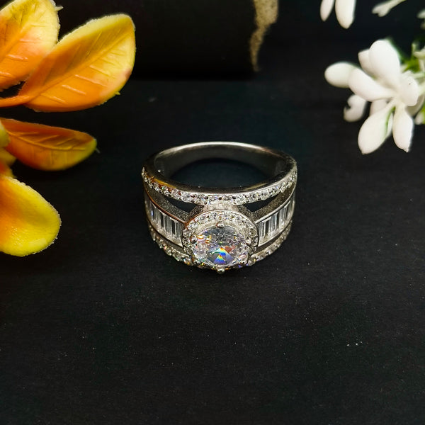 92.5 Sterling Silver Radiant Tiered Halo & Baguette Statement Ring