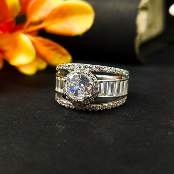 92.5 Sterling Silver Radiant Tiered Halo & Baguette Statement Ring