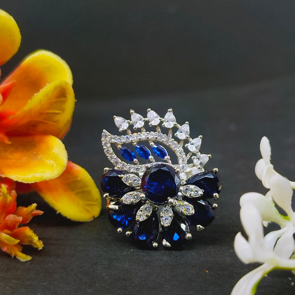 92.5 Sterling Silver Blue Sapphire & Diamond-White Statement Ring