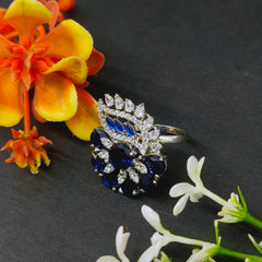 92.5 Sterling Silver Blue Sapphire & Diamond-White Statement Ring