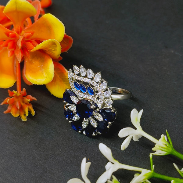 92.5 Sterling Silver Blue Sapphire & Diamond-White Statement Ring