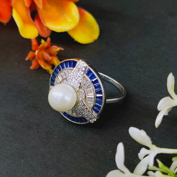 92.5 Sterling Silver Art Deco Pearl & Midnight Blue Statement Ring