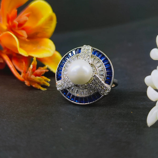 92.5 Sterling Silver Art Deco Pearl & Midnight Blue Statement Ring