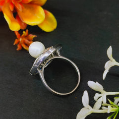 92.5 Sterling Silver Art Deco Pearl & Midnight Blue Statement Ring