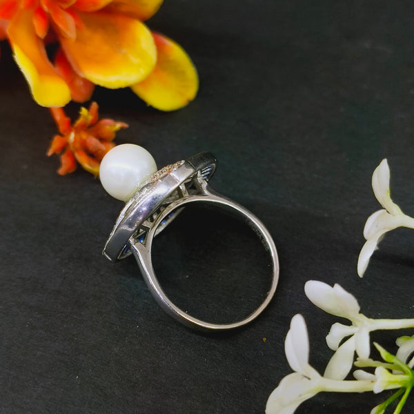 92.5 Sterling Silver Art Deco Pearl & Midnight Blue Statement Ring