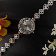 92.5 Sterling Silver Floral Halo Tennis Watch