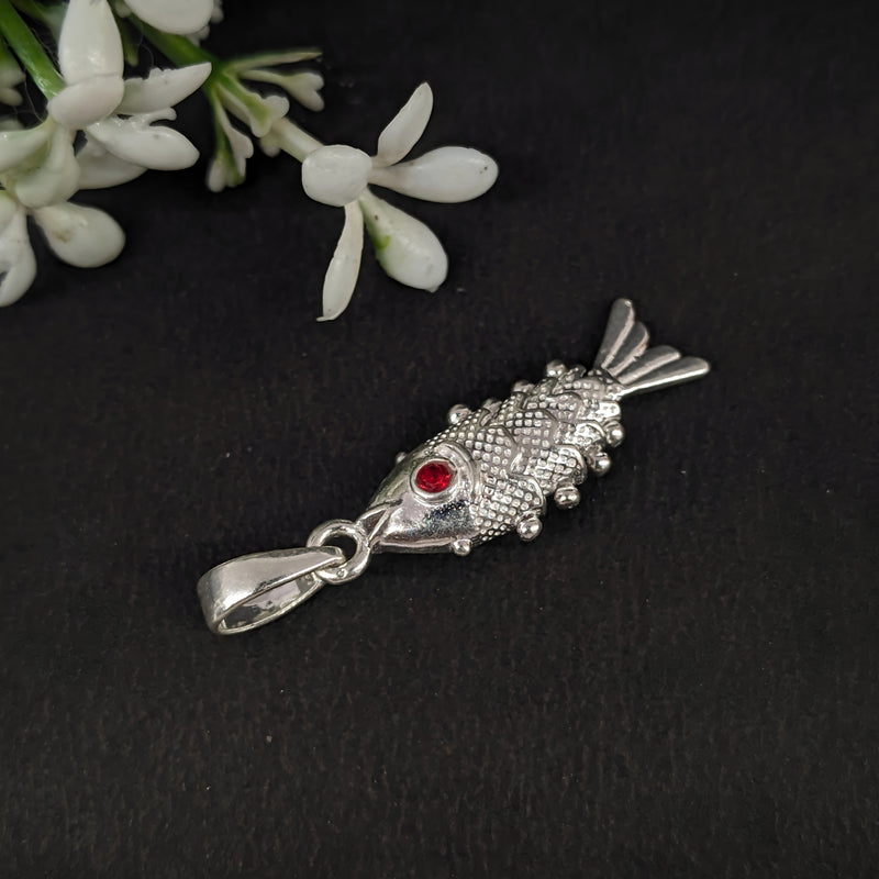 Silver Fish Pendant with Red Stone