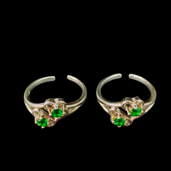92.5 Sterling Silver Green Stone Floral Toe Rings (Pair)