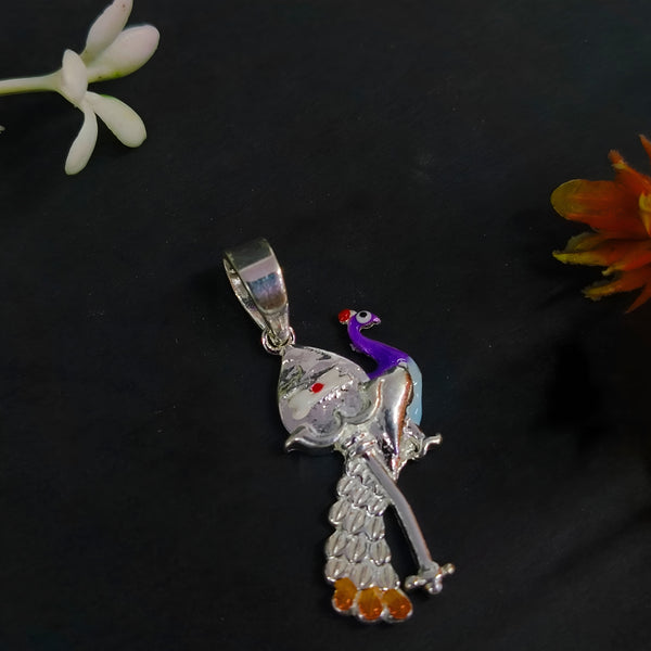 92.5 Sterling Silver Divine Peacock & Shivling Enameled Pendant