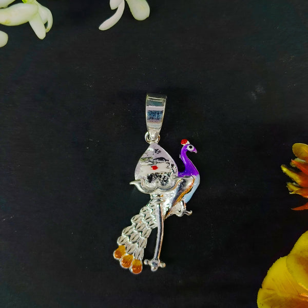 92.5 Sterling Silver Divine Peacock & Shivling Enameled Pendant