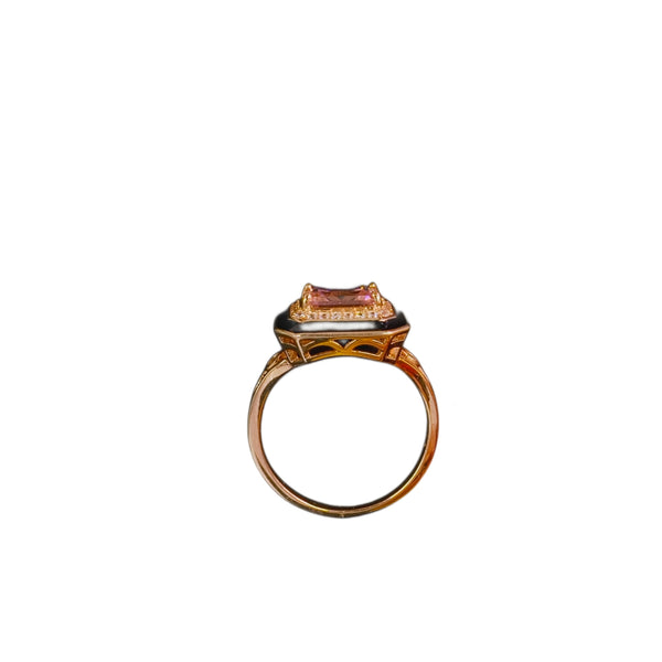 92.5 Rose Gold Art Deco Emerald-Cut Pink Stone & Black Enamel Ring