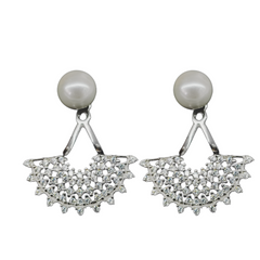 92.5 Sterling Silver Dual-Style Pearl & CZ Fan Jacket Earrings