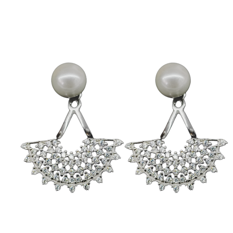 92.5 Sterling Silver Dual-Style Pearl & CZ Fan Jacket Earrings