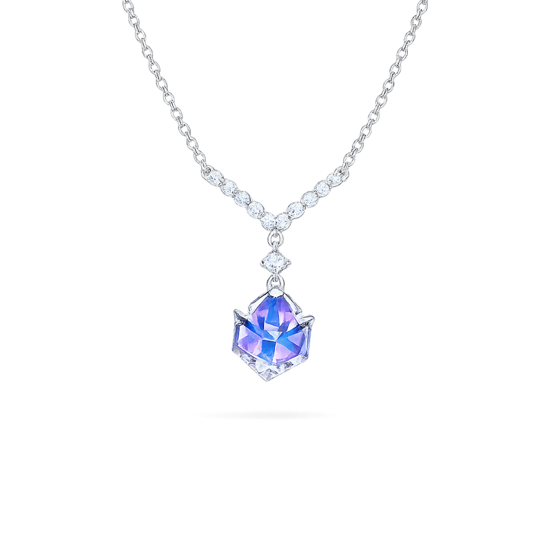 Silver V-Shape CZ Pendant with White Blue Crystal  Minimal Neck