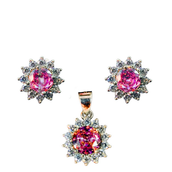 92.5 Sterling Silver Radiant Pink Zirconia Halo Jewelry Set